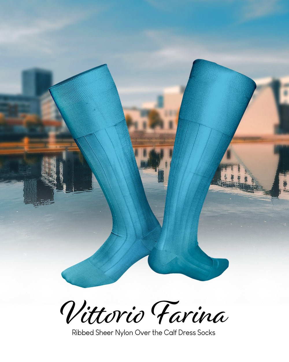 Vittorio Farina Men's Ribbed Shear Nylon Over The Calf Dress Socks - Sky Blue - Socks - Vittorio Farina