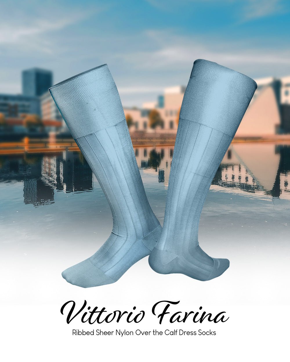 Vittorio Farina Men's Ribbed Shear Nylon Over The Calf Dress Socks - Sky Blue - Socks - Vittorio Farina