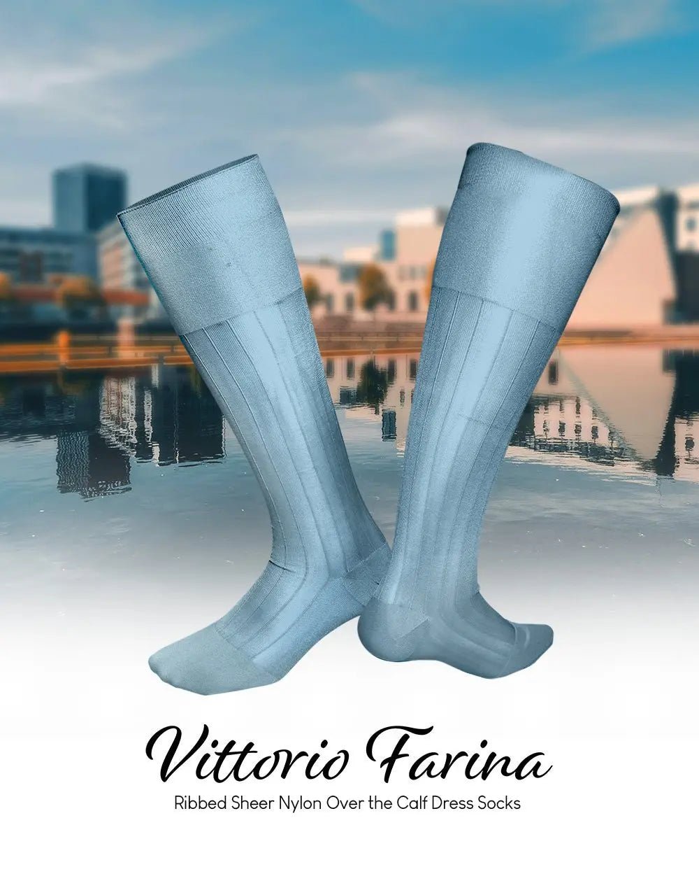 Vittorio Farina Men's Ribbed Shear Nylon Over The Calf Dress Socks - Sky Blue - Socks - Vittorio Farina