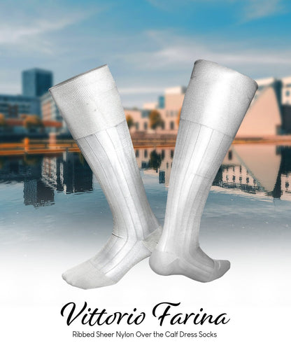 Vittorio Farina Men's Ribbed Shear Nylon Over The Calf Dress Socks - White - Socks - Vittorio Farina
