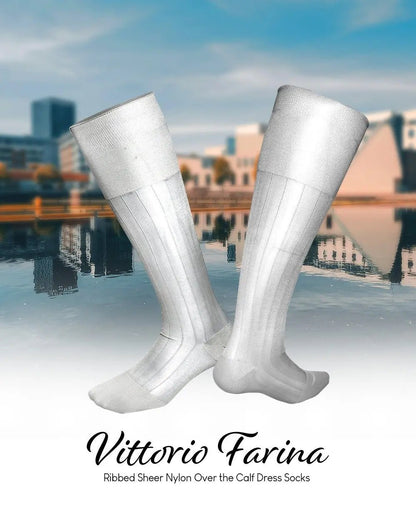 Vittorio Farina Men's Ribbed Shear Nylon Over The Calf Dress Socks - White - Socks - Vittorio Farina