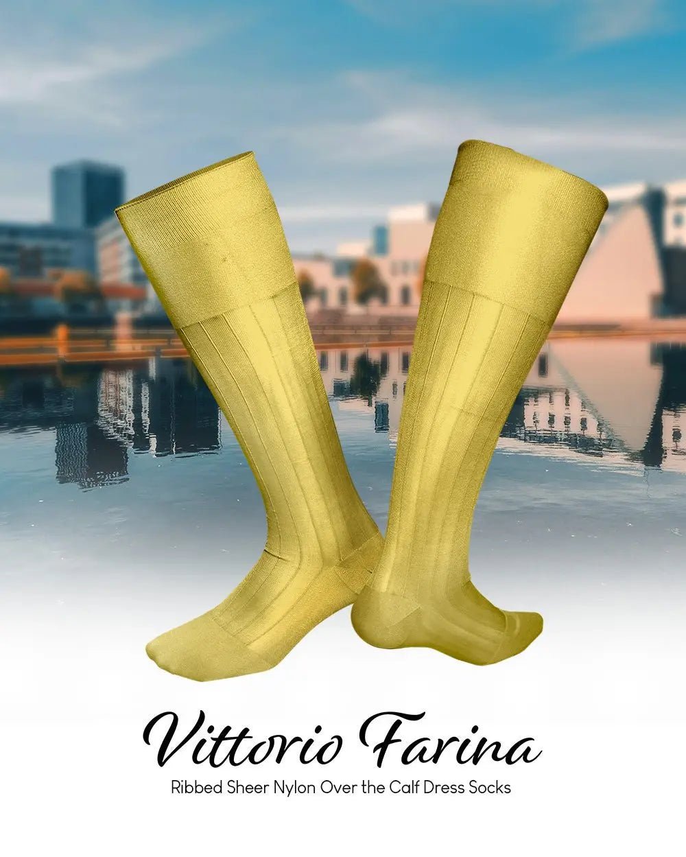 Vittorio Farina Men's Ribbed Shear Nylon Over The Calf Dress Socks - Yellow - Socks - Vittorio Farina
