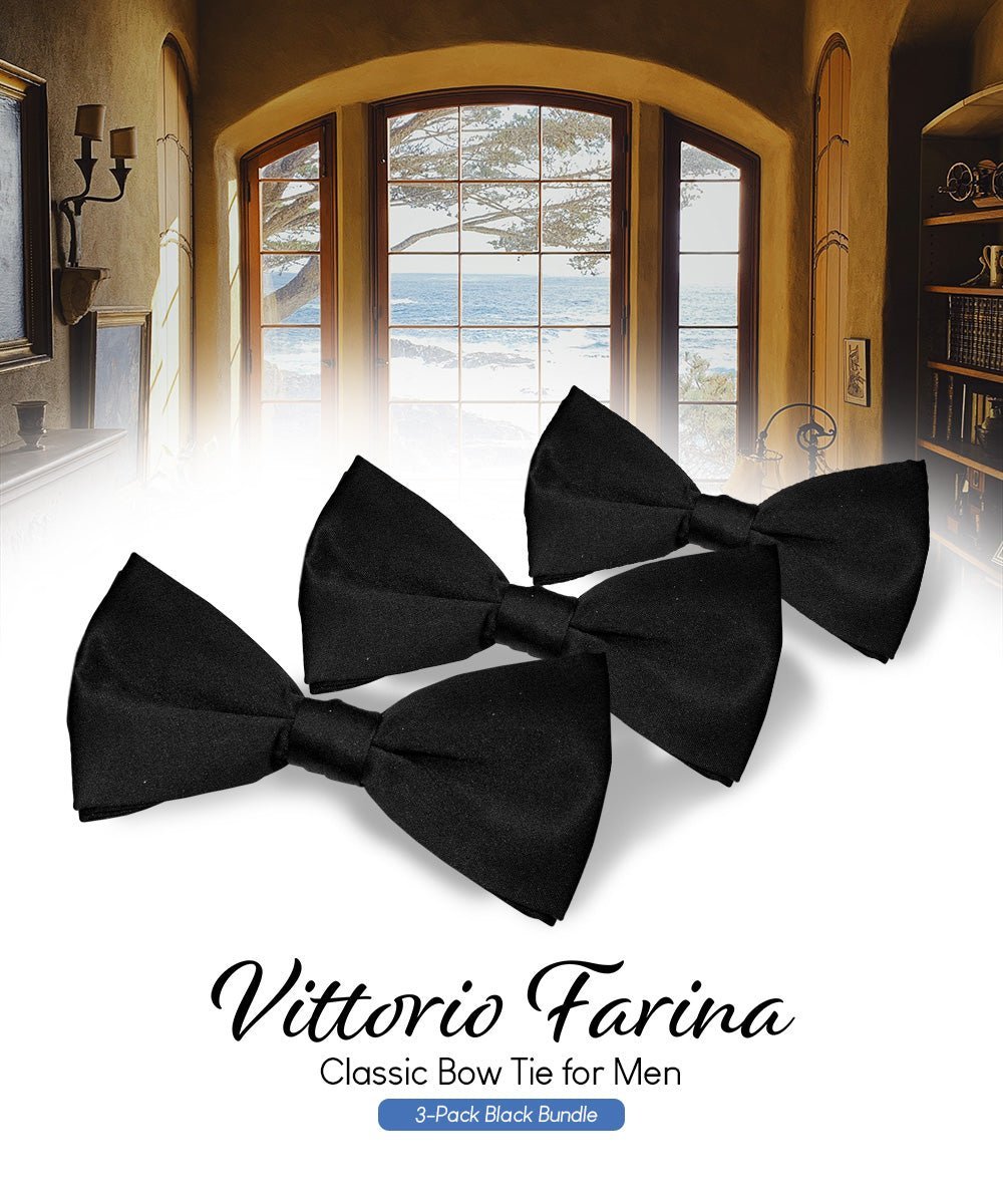 Vittorio Farina Men's Satin Bow Tie in Gift Box (Multipack) - Black - Bow Tie & Pocket Square - Vittorio Farina