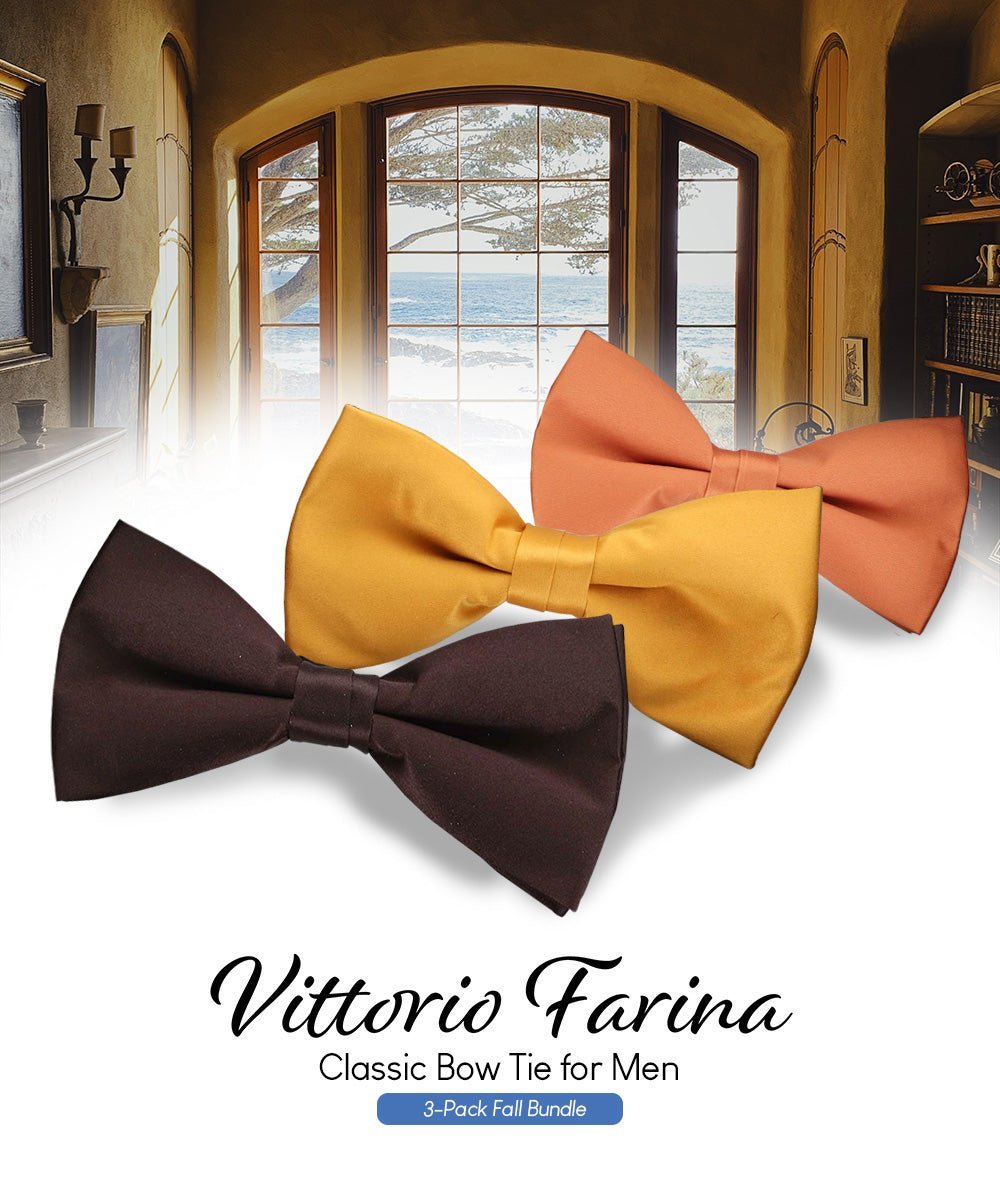 Vittorio Farina Men's Satin Bow Tie in Gift Box (Multipack) - Brown/Mustard/Burnt Orange - Bow Tie & Pocket Square - Vittorio Farina