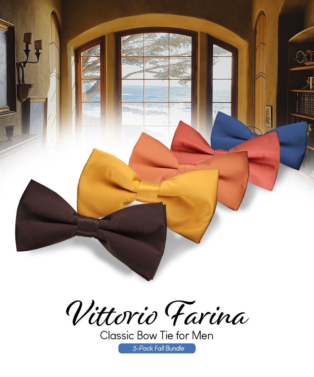 Vittorio Farina Men's Satin Bow Tie in Gift Box (Multipack) - Brown/Mustard/Burnt Orange/Rust Red/French Blue - Bow Tie & Pocket Square - Vittorio Farina