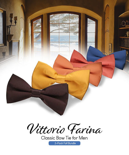 Vittorio Farina Men's Satin Bow Tie in Gift Box (Multipack) - Brown/Mustard/Burnt Orange/Rust Red/French Blue - Bow Tie & Pocket Square - Vittorio Farina