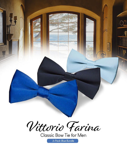 Vittorio Farina Men's Satin Bow Tie in Gift Box (Multipack) - Royal Blue/Navy Blue/Sky Blue - Bow Tie & Pocket Square - Vittorio Farina
