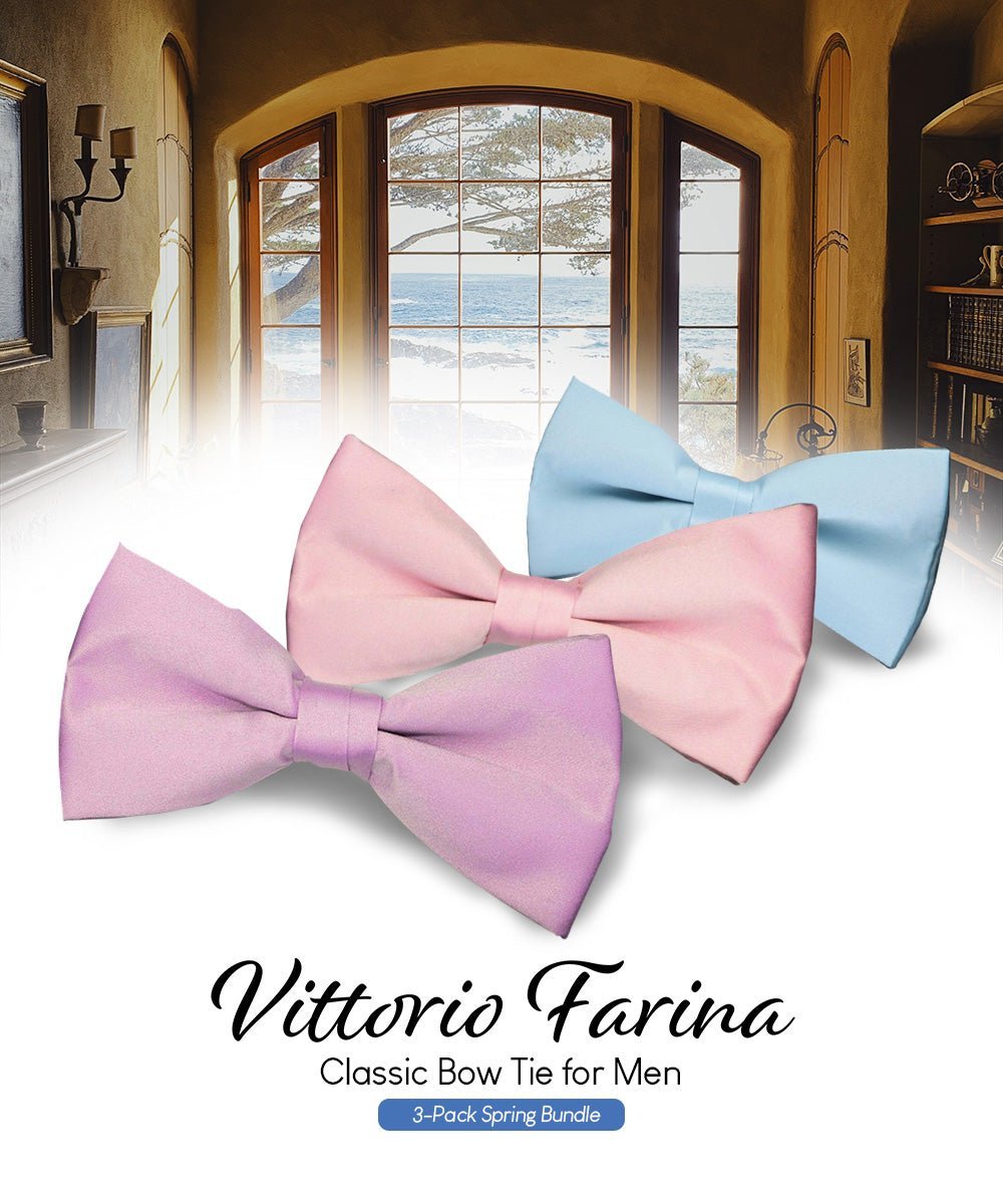 Vittorio Farina Men's Satin Bow Tie in Gift Box (Multipack) - Sky Blue/Pink/Lavender - Bow Tie & Pocket Square - Vittorio Farina