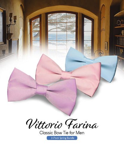 Vittorio Farina Men's Satin Bow Tie in Gift Box (Multipack) - Sky Blue/Pink/Lavender - Bow Tie & Pocket Square - Vittorio Farina
