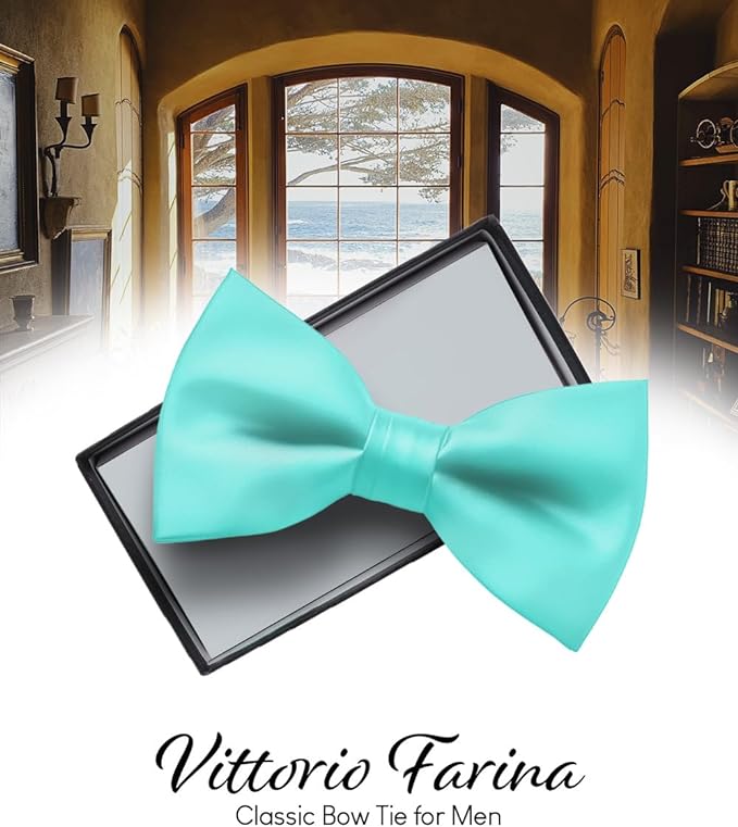 Vittorio Farina Men's Satin Bow Tie in Gift Box - Aqua - Bow Tie - Vittorio Farina