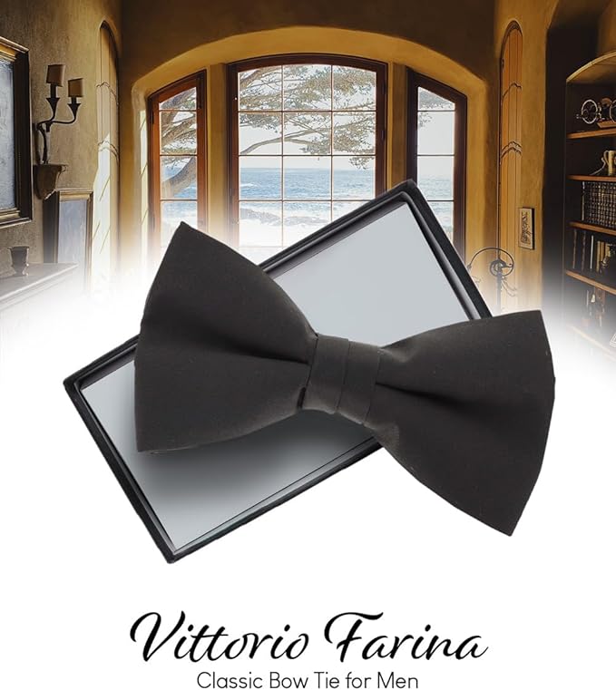 Vittorio Farina Men's Satin Bow Tie in Gift Box - Black - Bow Tie - Vittorio Farina