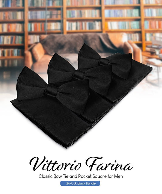 Vittorio Farina Men's Satin Bow Tie & Pocket Square in Gift Box (Multipack) - Black - Bow Tie & Pocket Square - Vittorio Farina