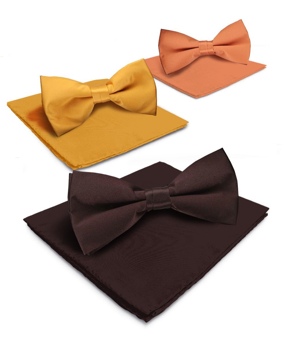 Vittorio Farina Men's Satin Bow Tie & Pocket Square in Gift Box (Multipack) - Brown/Mustard/Burnt Orange - Bow Tie & Pocket Square - Vittorio Farina