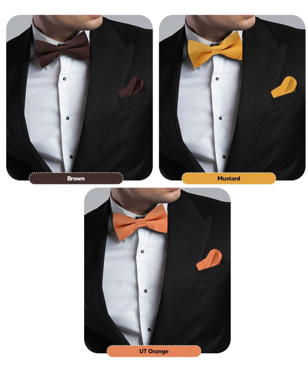 Vittorio Farina Men's Satin Bow Tie & Pocket Square in Gift Box (Multipack) - Brown/Mustard/Burnt Orange - Bow Tie & Pocket Square - Vittorio Farina
