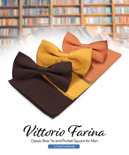 Vittorio Farina Men's Satin Bow Tie & Pocket Square in Gift Box (Multipack) - Brown/Mustard/Burnt Orange - Bow Tie & Pocket Square - Vittorio Farina