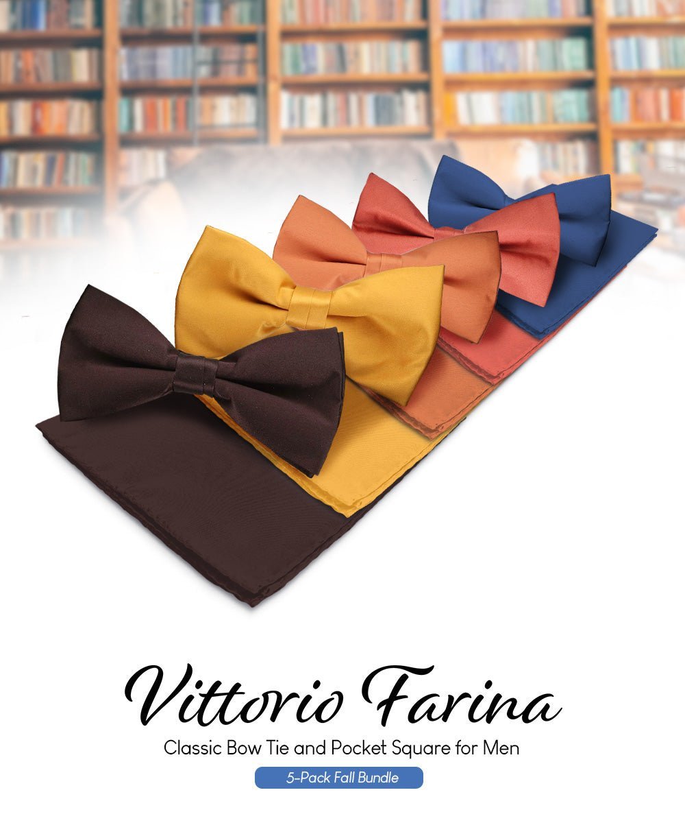 Vittorio Farina Men's Satin Bow Tie & Pocket Square in Gift Box (Multipack) - Brown/Mustard/Burnt Orange/Rust Red/Navy Blue - Bow Tie & Pocket Square - Vittorio Farina