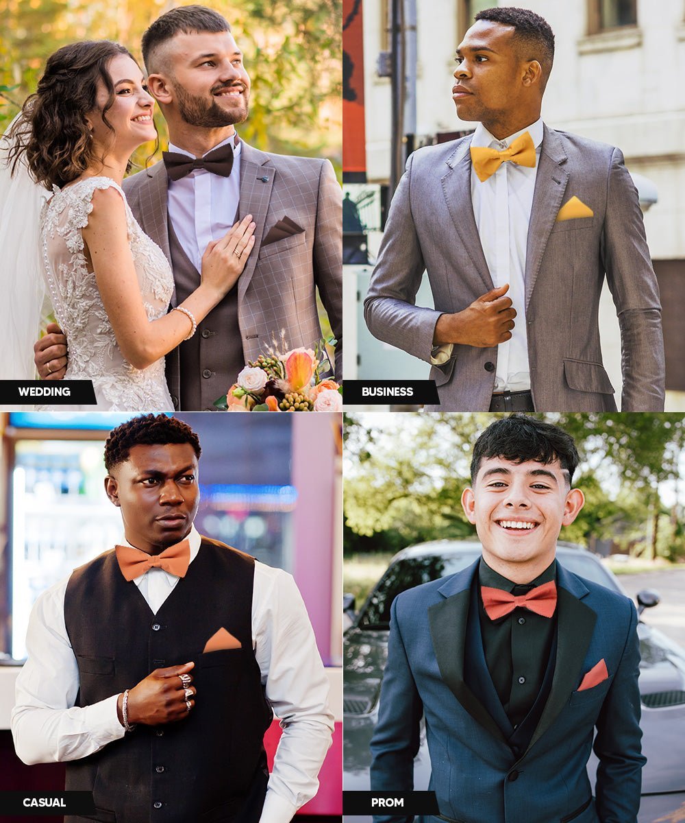 Vittorio Farina Men's Satin Bow Tie & Pocket Square in Gift Box (Multipack) - Brown/Mustard/Burnt Orange/Rust Red/Navy Blue - Bow Tie & Pocket Square - Vittorio Farina