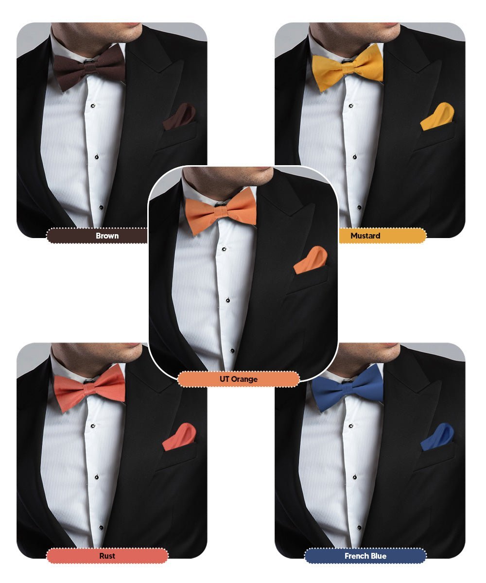 Vittorio Farina Men's Satin Bow Tie & Pocket Square in Gift Box (Multipack) - Brown/Mustard/Burnt Orange/Rust Red/Navy Blue - Bow Tie & Pocket Square - Vittorio Farina