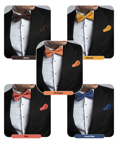 Vittorio Farina Men's Satin Bow Tie & Pocket Square in Gift Box (Multipack) - Brown/Mustard/Burnt Orange/Rust Red/Navy Blue - Bow Tie & Pocket Square - Vittorio Farina