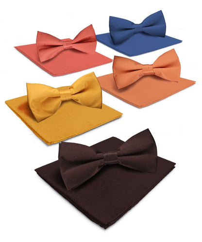 Vittorio Farina Men's Satin Bow Tie & Pocket Square in Gift Box (Multipack) - Brown/Mustard/Burnt Orange/Rust Red/Navy Blue - Bow Tie & Pocket Square - Vittorio Farina