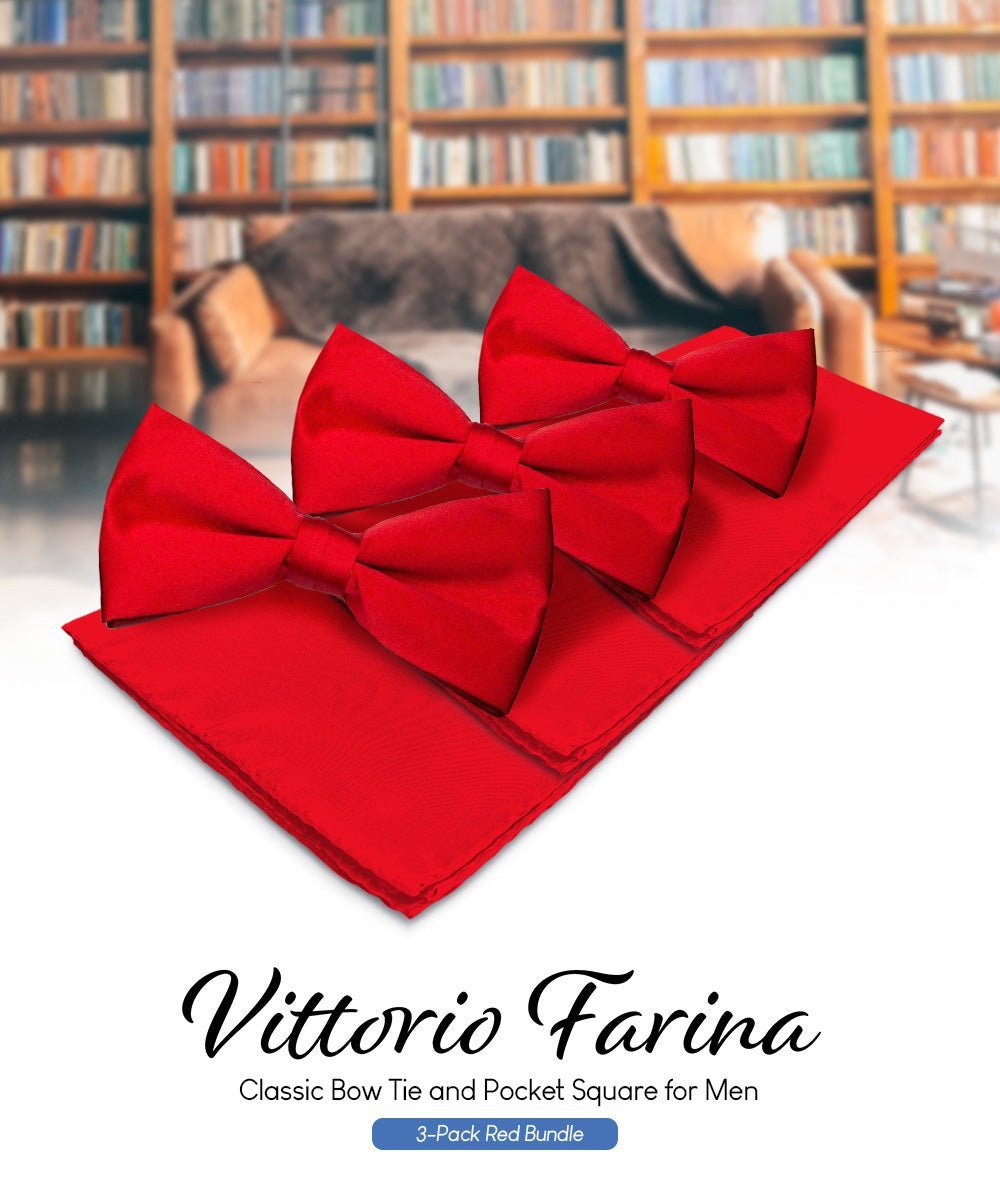 Vittorio Farina Men's Satin Bow Tie & Pocket Square in Gift Box (Multipack) - Red - Bow Tie & Pocket Square - Vittorio Farina