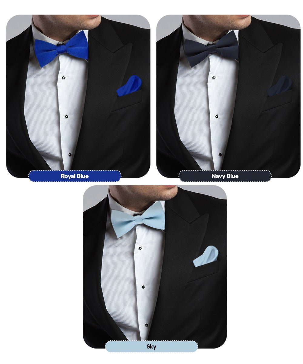 Vittorio Farina Men's Satin Bow Tie & Pocket Square in Gift Box (Multipack) - Royal Blue/Navy Blue/Sky Blue - Bow Tie & Pocket Square - Vittorio Farina