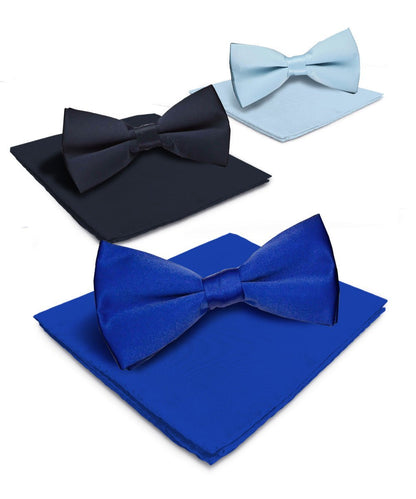 Vittorio Farina Men's Satin Bow Tie & Pocket Square in Gift Box (Multipack) - Royal Blue/Navy Blue/Sky Blue - Bow Tie & Pocket Square - Vittorio Farina