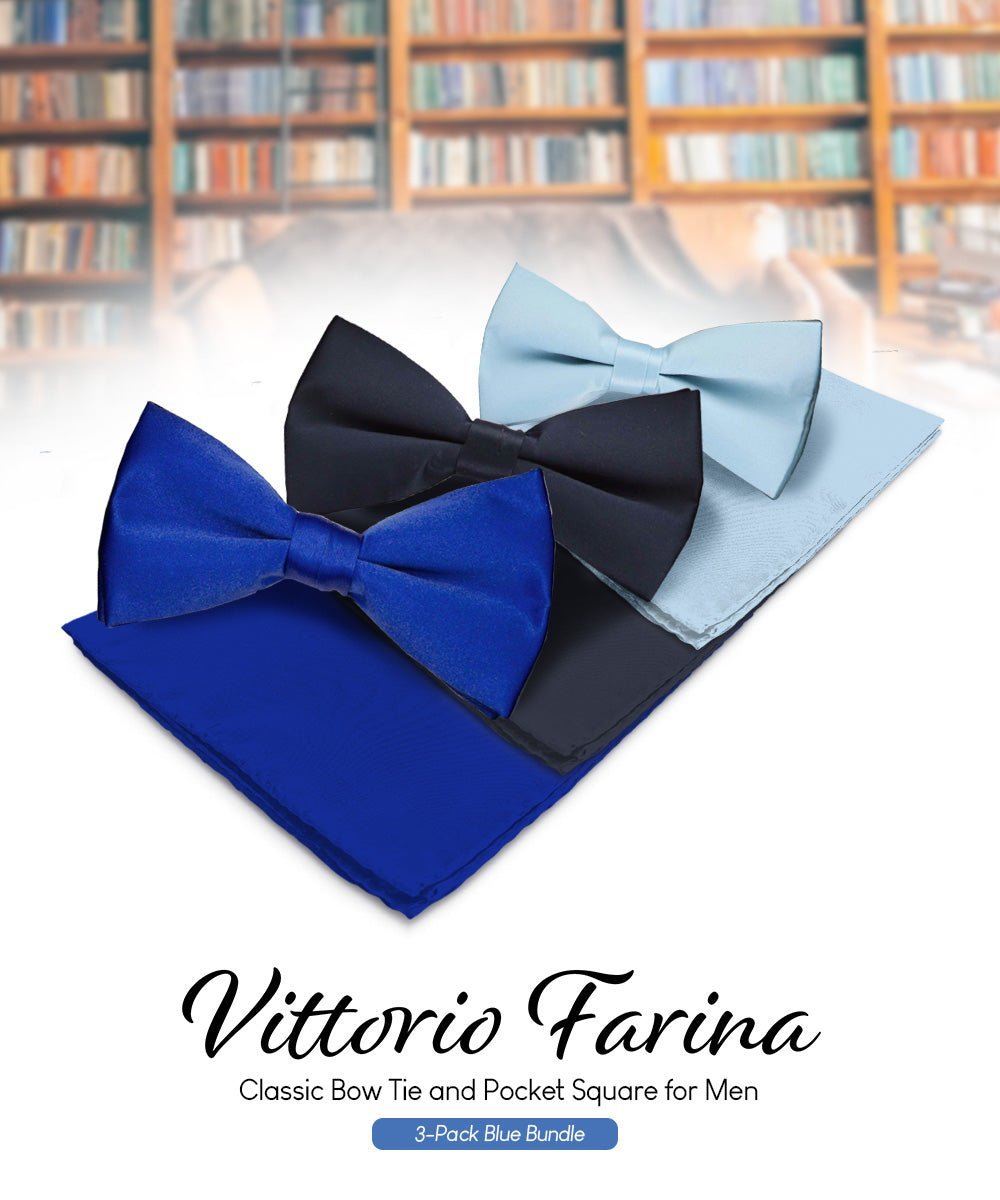 Vittorio Farina Men's Satin Bow Tie & Pocket Square in Gift Box (Multipack) - Royal Blue/Navy Blue/Sky Blue - Bow Tie & Pocket Square - Vittorio Farina