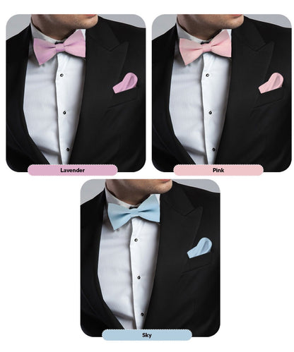Vittorio Farina Men's Satin Bow Tie & Pocket Square in Gift Box (Multipack) - Sky Blue/Pink/Lavender - Bow Tie & Pocket Square - Vittorio Farina