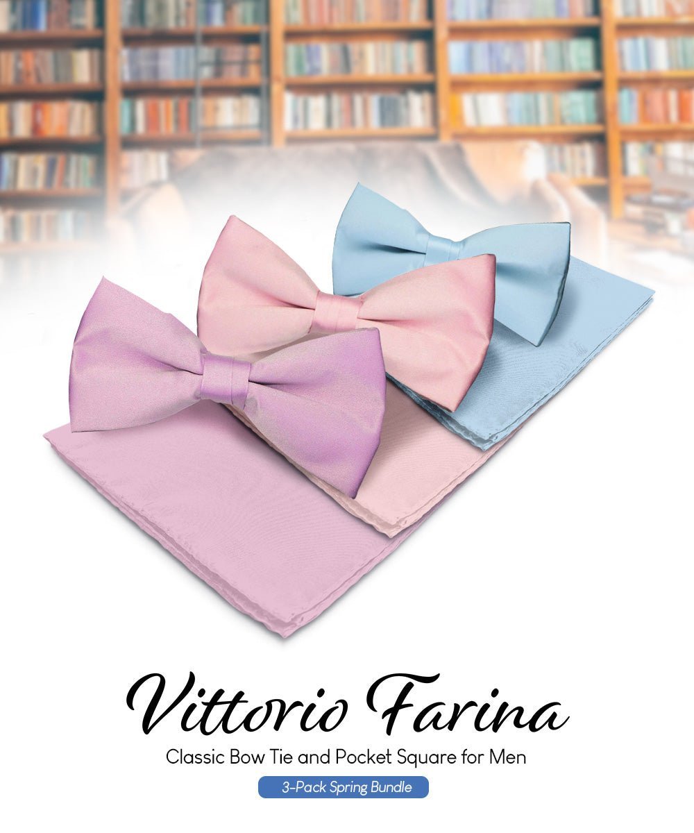Vittorio Farina Men's Satin Bow Tie & Pocket Square in Gift Box (Multipack) - Sky Blue/Pink/Lavender - Bow Tie & Pocket Square - Vittorio Farina