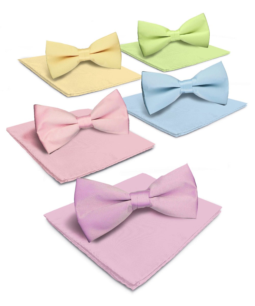 Vittorio Farina Men's Satin Bow Tie & Pocket Square in Gift Box (Multipack) - Sky Blue/Pink/Lavender/Maize/Mint Green - Bow Tie & Pocket Square - Vittorio Farina