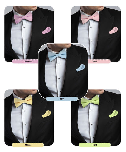 Vittorio Farina Men's Satin Bow Tie & Pocket Square in Gift Box (Multipack) - Sky Blue/Pink/Lavender/Maize/Mint Green - Bow Tie & Pocket Square - Vittorio Farina