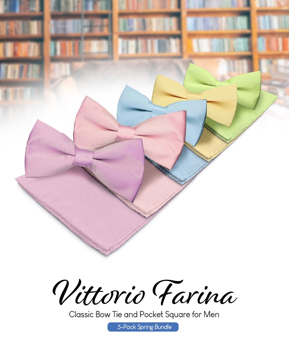 Vittorio Farina Men's Satin Bow Tie & Pocket Square in Gift Box (Multipack) - Sky Blue/Pink/Lavender/Maize/Mint Green - Bow Tie & Pocket Square - Vittorio Farina
