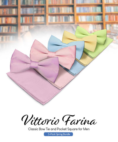 Vittorio Farina Men's Satin Bow Tie & Pocket Square in Gift Box (Multipack) - Sky Blue/Pink/Lavender/Maize/Mint Green - Bow Tie & Pocket Square - Vittorio Farina