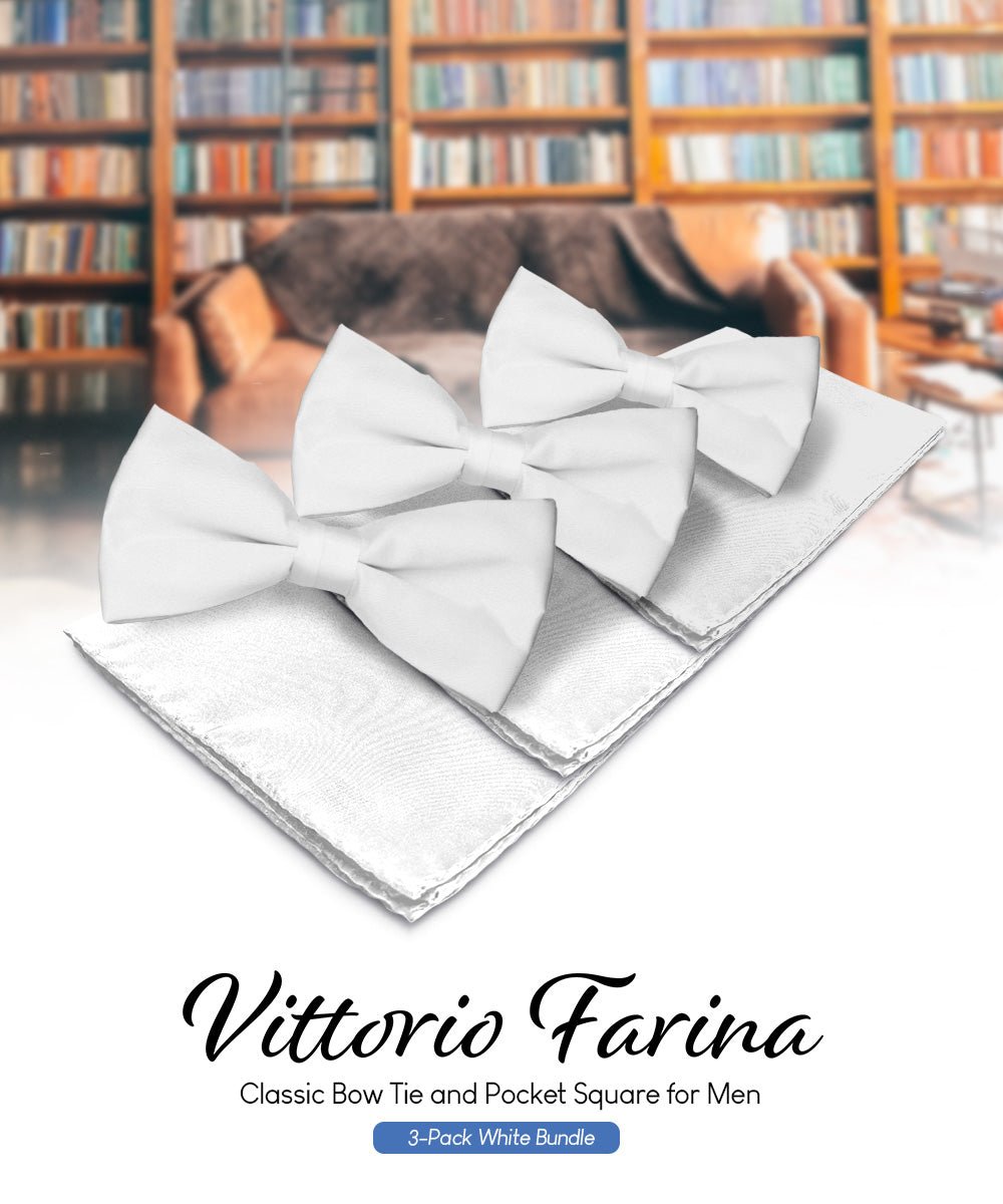Vittorio Farina Men's Satin Bow Tie & Pocket Square in Gift Box (Multipack) - White - Bow Tie & Pocket Square - Vittorio Farina
