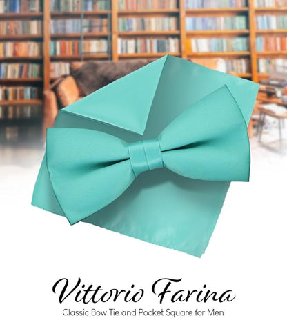 Vittorio Farina Men's Satin Bow Tie & Pocket Square in Gift Box - Aqua - Bow Tie & Pocket Square - Vittorio Farina