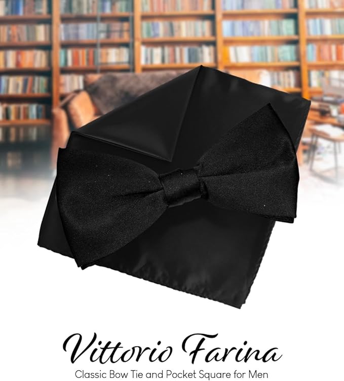 Vittorio Farina Men's Satin Bow Tie & Pocket Square in Gift Box - Black - Bow Tie & Pocket Square - Vittorio Farina