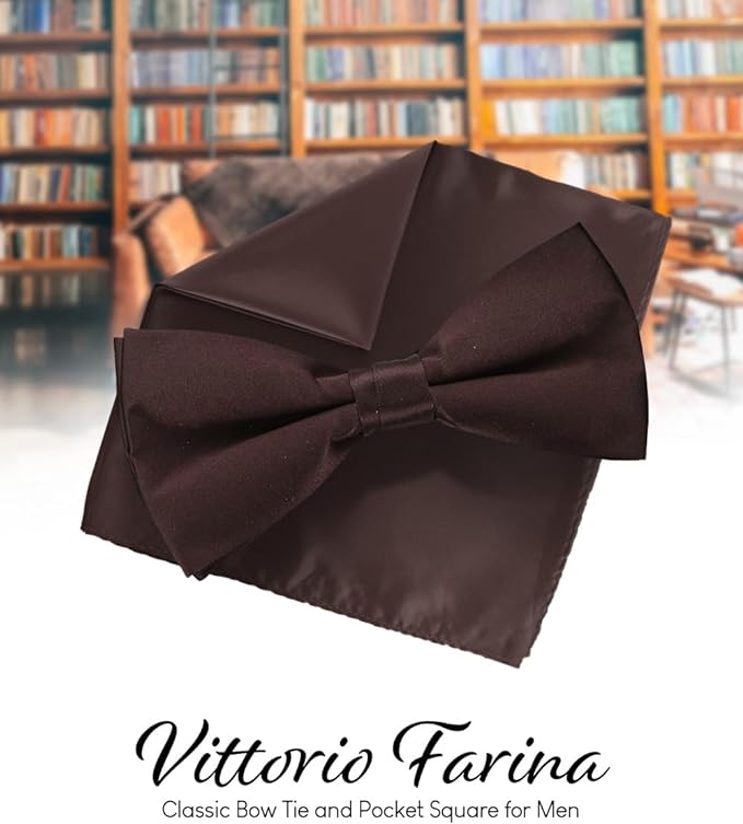 Vittorio Farina Men's Satin Bow Tie & Pocket Square in Gift Box - Brown - Bow Tie & Pocket Square - Vittorio Farina