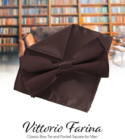 Vittorio Farina Men's Satin Bow Tie & Pocket Square in Gift Box - Brown - Bow Tie & Pocket Square - Vittorio Farina
