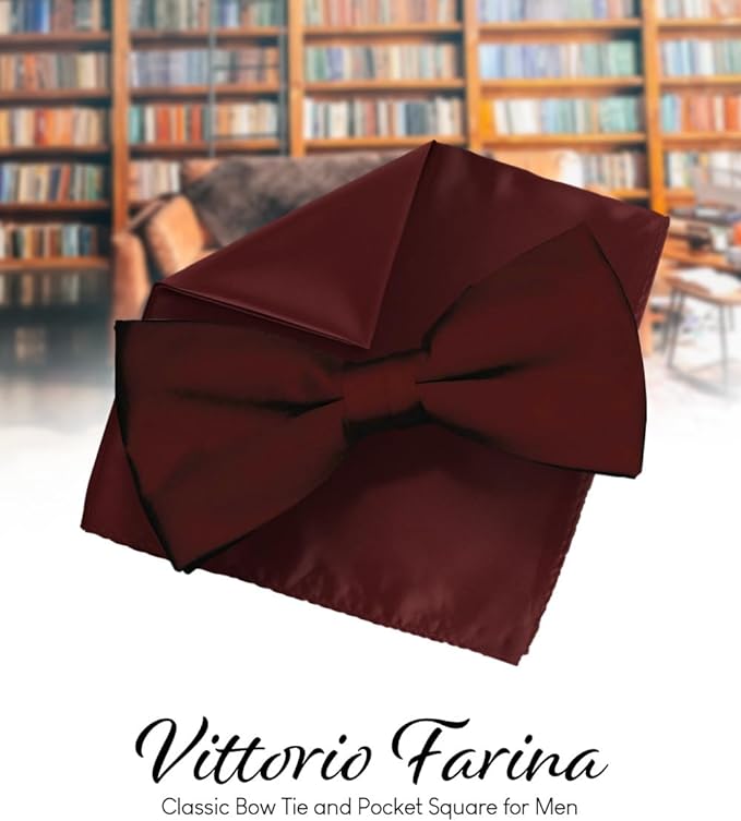 Vittorio Farina Men's Satin Bow Tie & Pocket Square in Gift Box - Burgundy - Bow Tie & Pocket Square - Vittorio Farina
