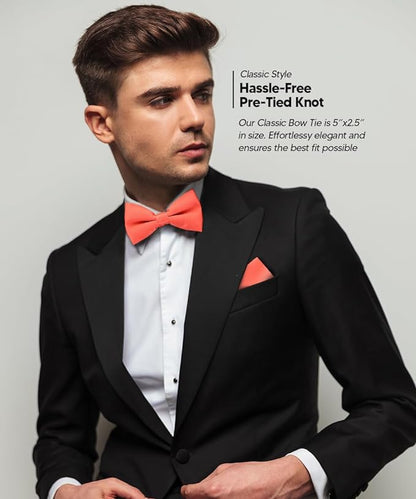 Vittorio Farina Men's Satin Bow Tie & Pocket Square in Gift Box - Coral - Bow Tie & Pocket Square - Vittorio Farina