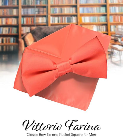 Vittorio Farina Men's Satin Bow Tie & Pocket Square in Gift Box - Coral - Bow Tie & Pocket Square - Vittorio Farina