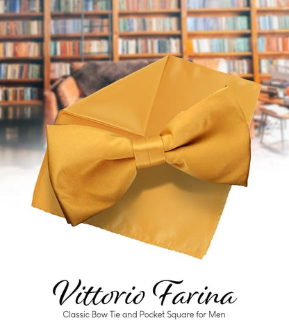 Vittorio Farina Men's Satin Bow Tie & Pocket Square in Gift Box - Gold - Bow Tie & Pocket Square - Vittorio Farina