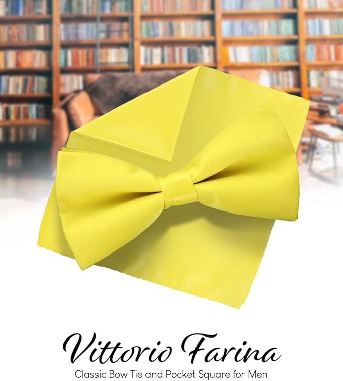 Vittorio Farina Men's Satin Bow Tie & Pocket Square in Gift Box - Lemon - Bow Tie & Pocket Square - Vittorio Farina