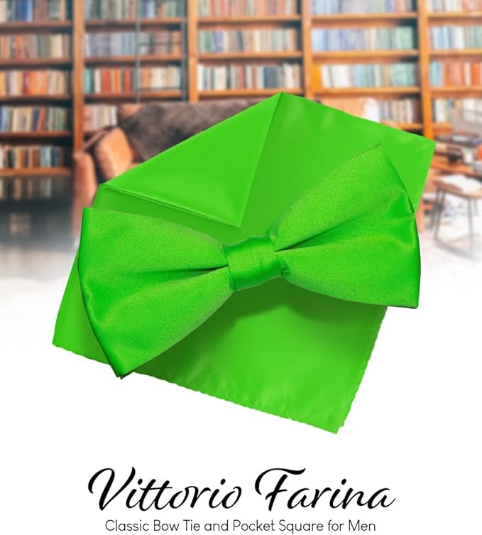 Vittorio Farina Men's Satin Bow Tie & Pocket Square in Gift Box - Lime Green - Bow Tie & Pocket Square - Vittorio Farina