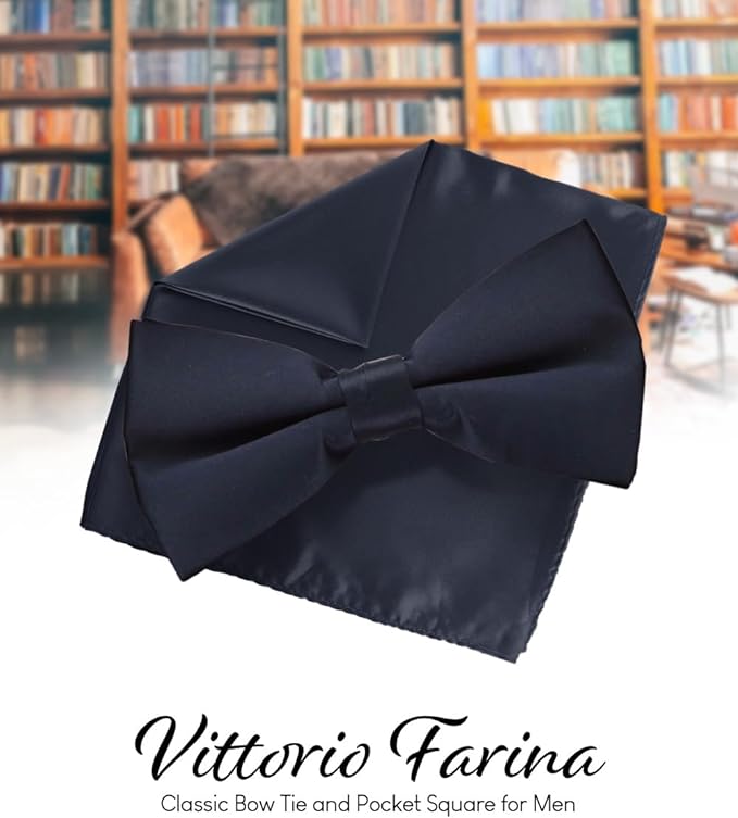 Vittorio Farina Men's Satin Bow Tie & Pocket Square in Gift Box - Navy Blue - Bow Tie & Pocket Square - Vittorio Farina