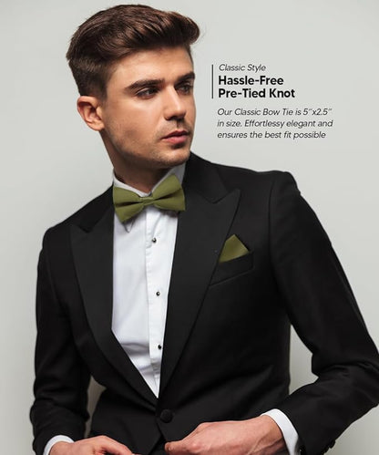 Vittorio Farina Men's Satin Bow Tie & Pocket Square in Gift Box - Olive Green - Bow Tie & Pocket Square - Vittorio Farina