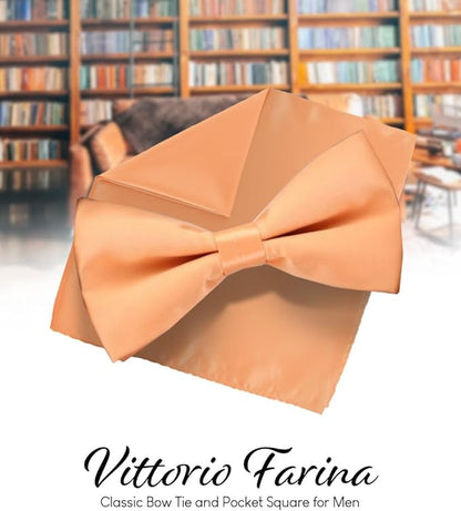 Vittorio Farina Men's Satin Bow Tie & Pocket Square in Gift Box - Peach - Bow Tie & Pocket Square - Vittorio Farina