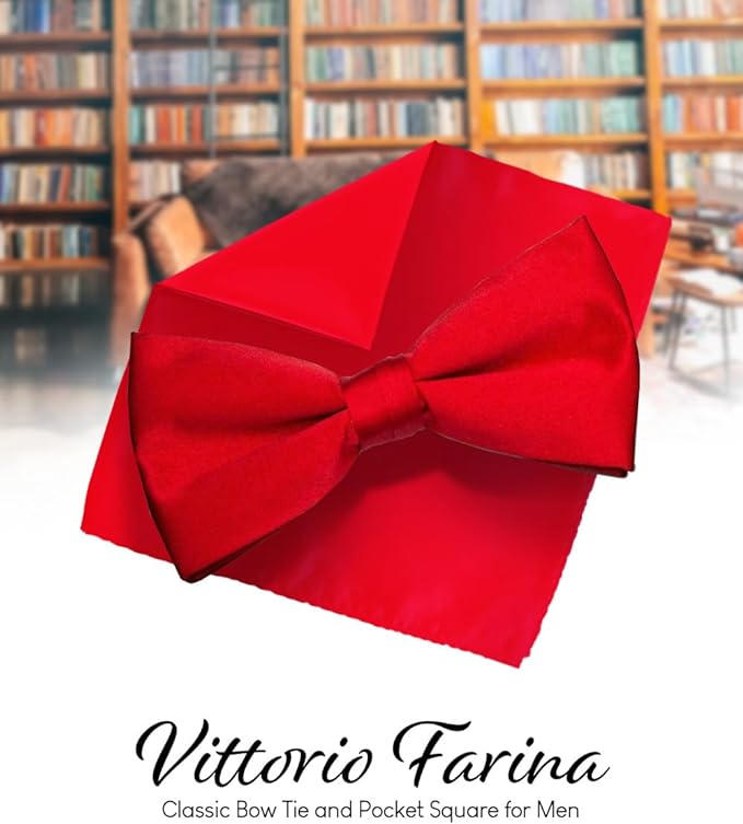 Vittorio Farina Men's Satin Bow Tie & Pocket Square in Gift Box - Red - Bow Tie & Pocket Square - Vittorio Farina
