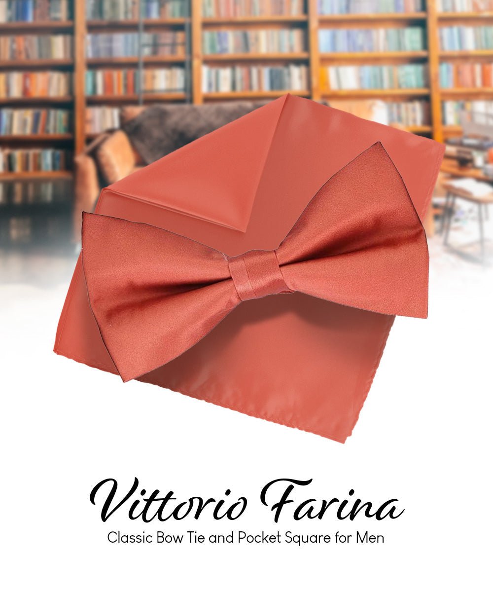 Vittorio Farina Men's Satin Bow Tie & Pocket Square in Gift Box - Rust Red - Bow Tie & Pocket Square - Vittorio Farina